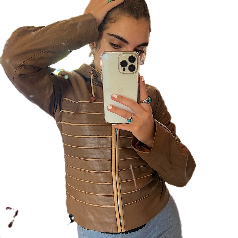 Women’s Real Turkish Leather Jacket Brown/Tan Strip Pattern